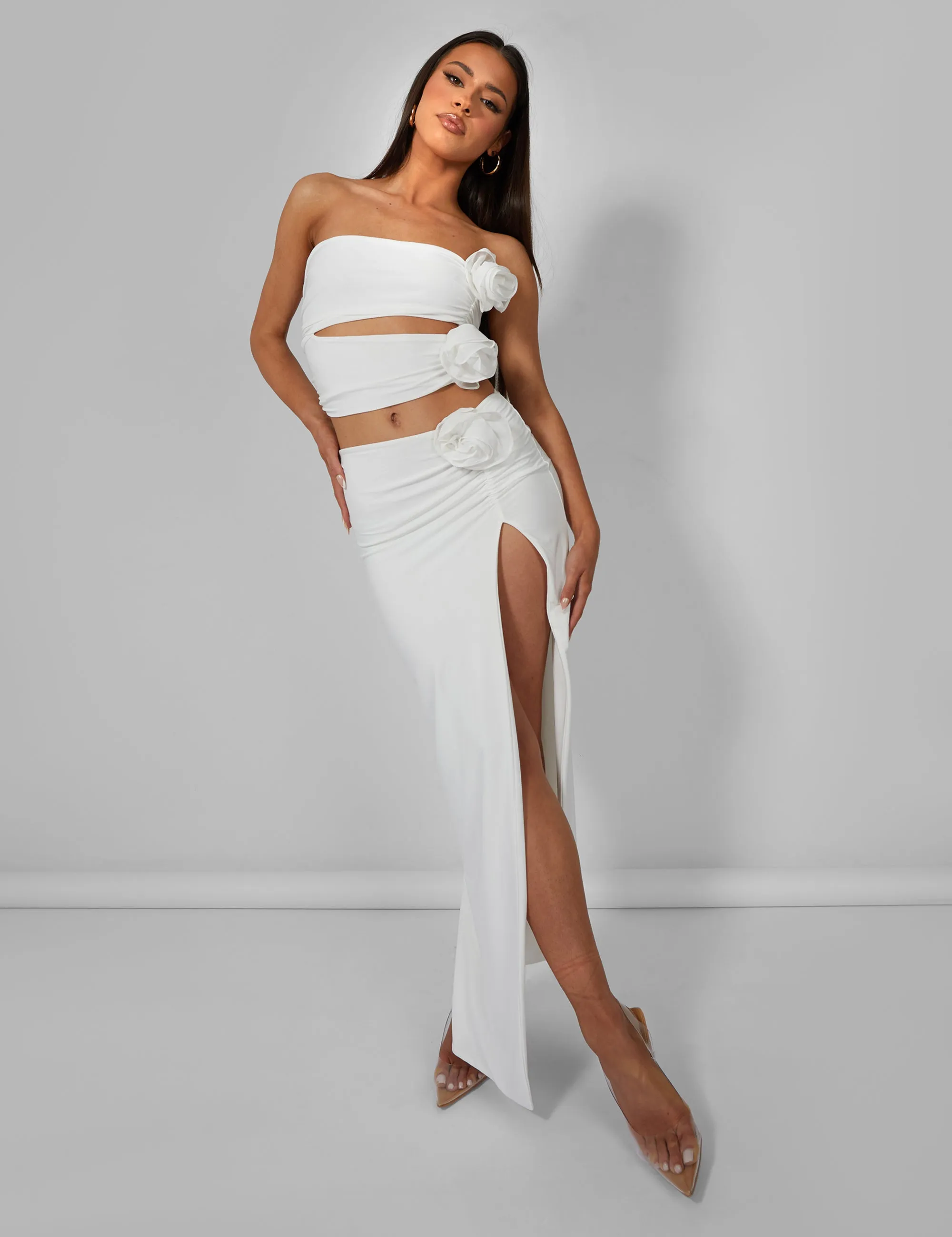 Rose Detail Extreme Split Maxi Skirt Ivory sold by Public Desire