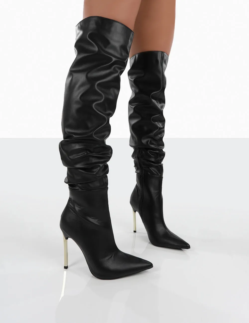 Energy Black PU Pointed Toe Over The Knee Heeled Boots sold by Public Desire