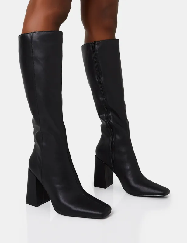 Apology Wide Fit Black Pu Knee High Block Heel Boots sold by Public Desire