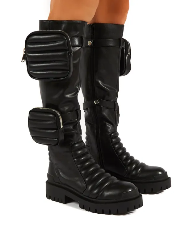Tayla Black Wide Fit Knee High Pouch Boots sold by Public Desire