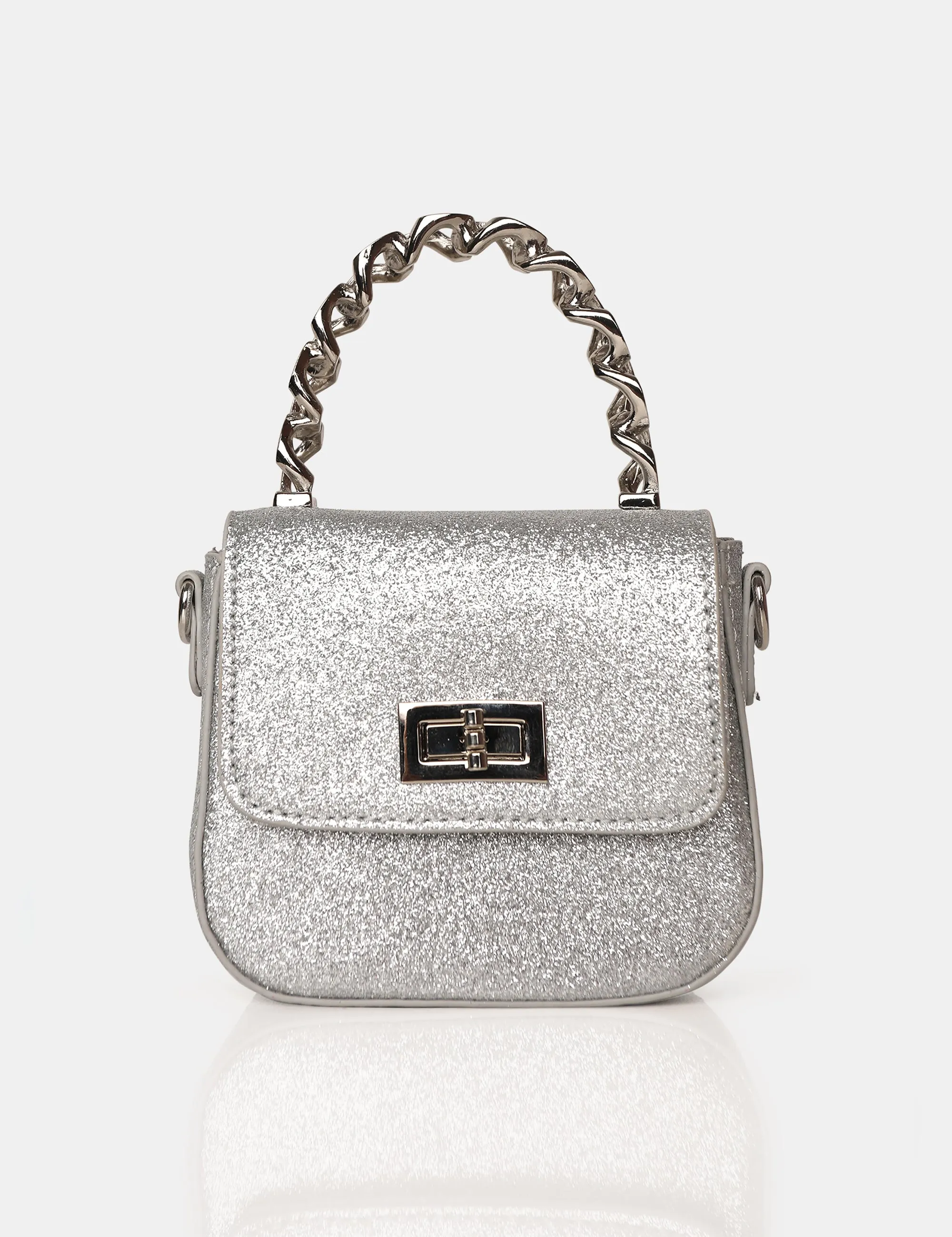The Bridgerton Silver Glitter Mini Bag sold by Public Desire