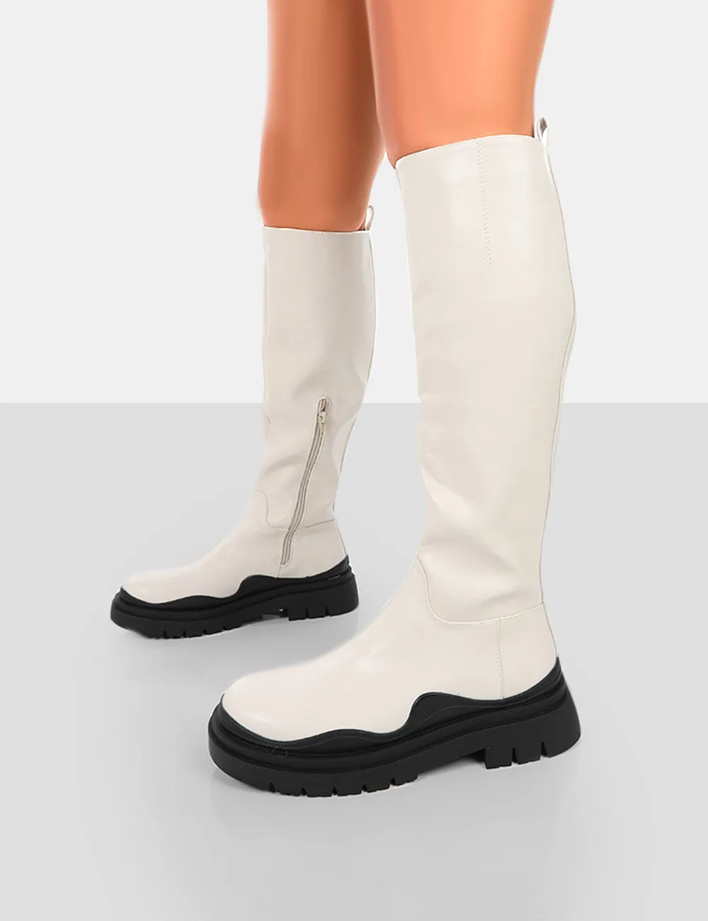 On Point Ecru Black PU Chunky Sole Knee High Boots sold by Public Desire product image thumbnail 3