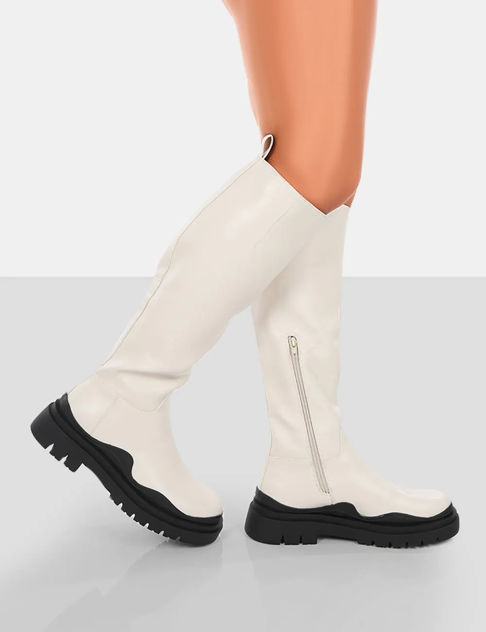 On Point Ecru Black PU Chunky Sole Knee High Boots sold by Public Desire product image thumbnail 4