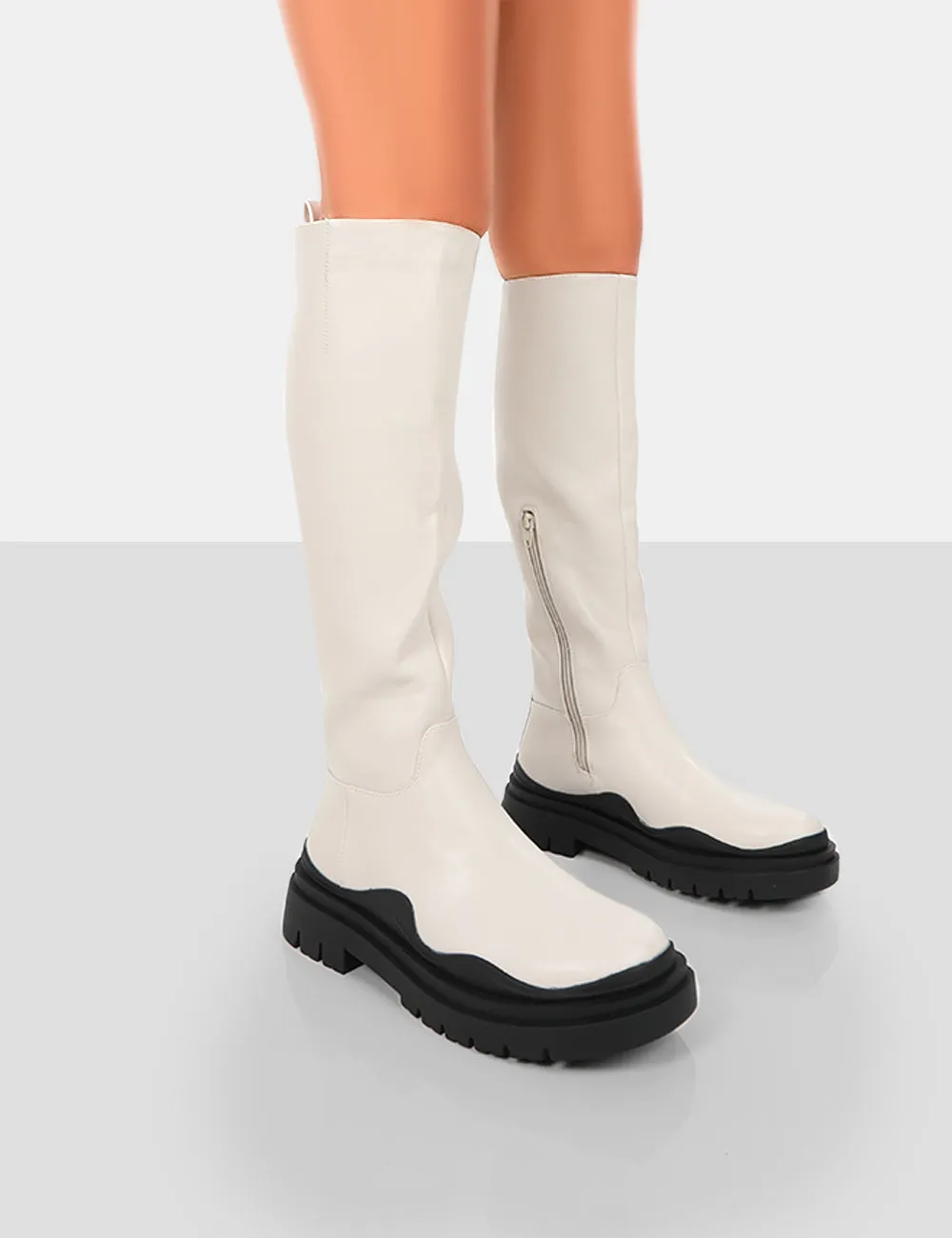 On Point Ecru Black PU Chunky Sole Knee High Boots sold by Public Desire