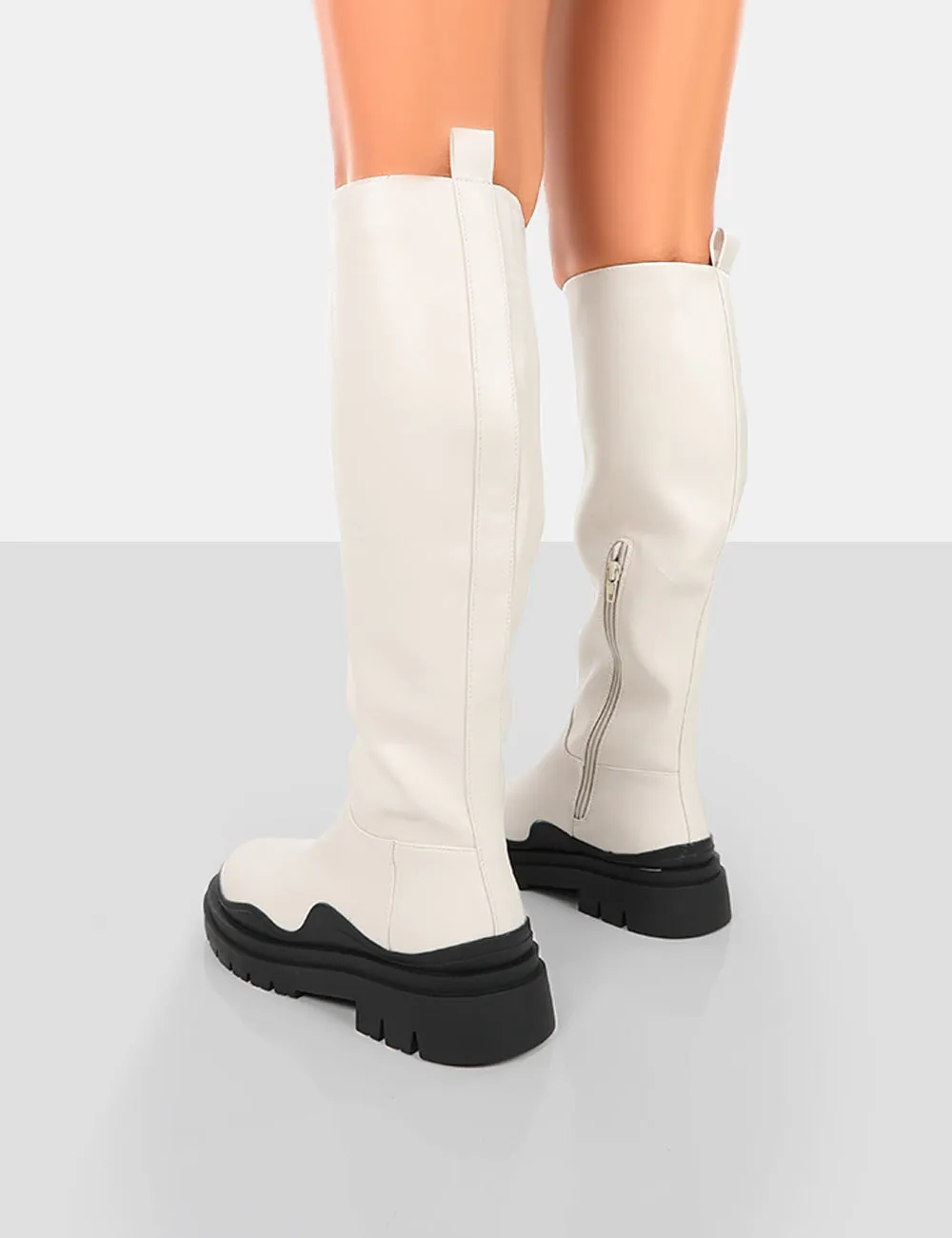 On Point Ecru Black PU Chunky Sole Knee High Boots sold by Public Desire product image thumbnail 2