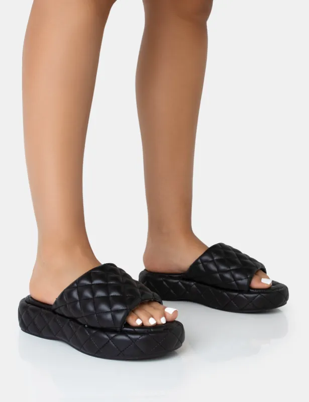 Mykonos Black Flatform Quilted Slider Sandals sold by Public Desire