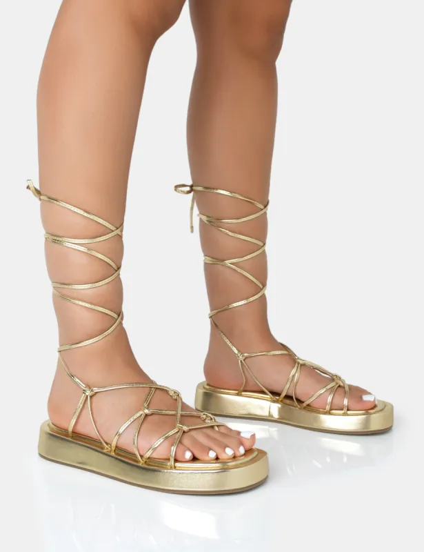 Babygirl Gold Flatform Lace Up Sandals sold by Public Desire