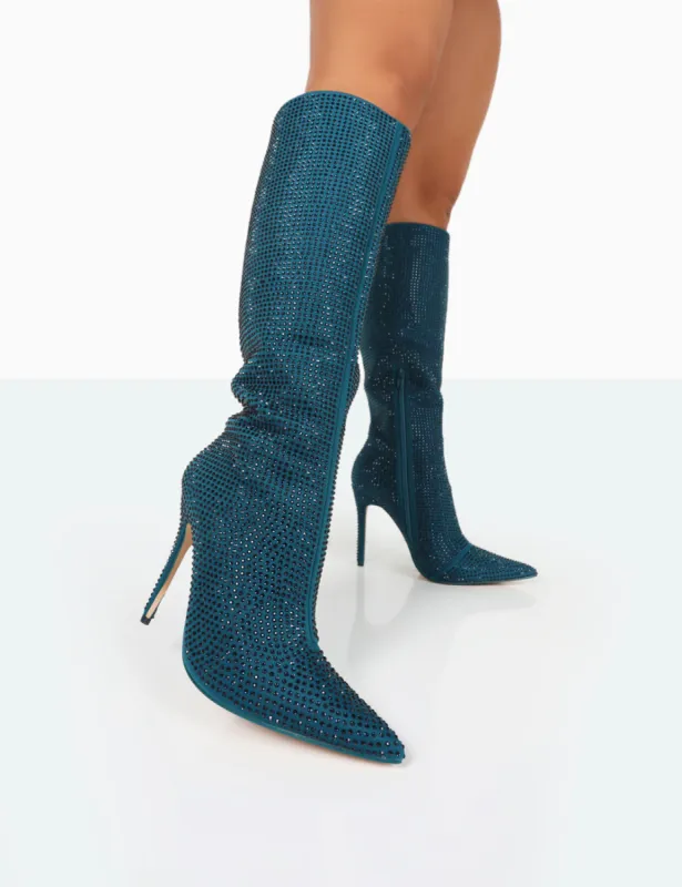 Lexi Teal Diamante Stiletto Knee High Boots sold by Public Desire