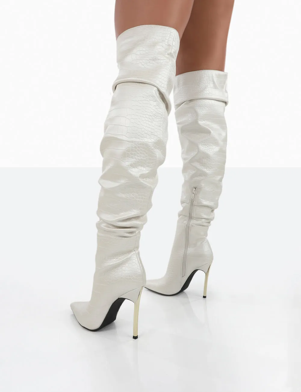 Energy Ecru Croc PU Pointed Toe Over The Knee Heeled Boots sold by Public Desire product image thumbnail 2