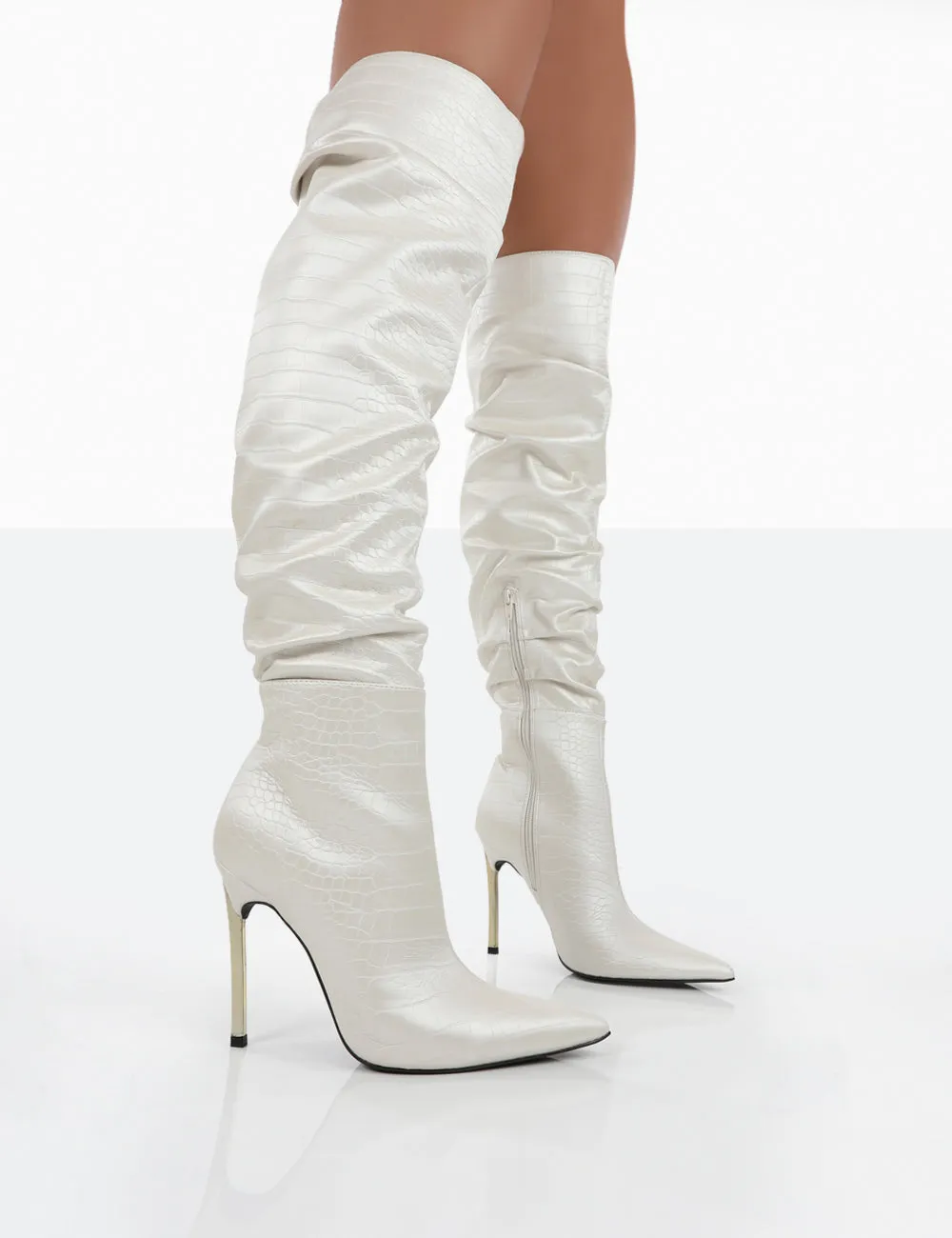 Energy Ecru Croc PU Pointed Toe Over The Knee Heeled Boots sold by Public Desire