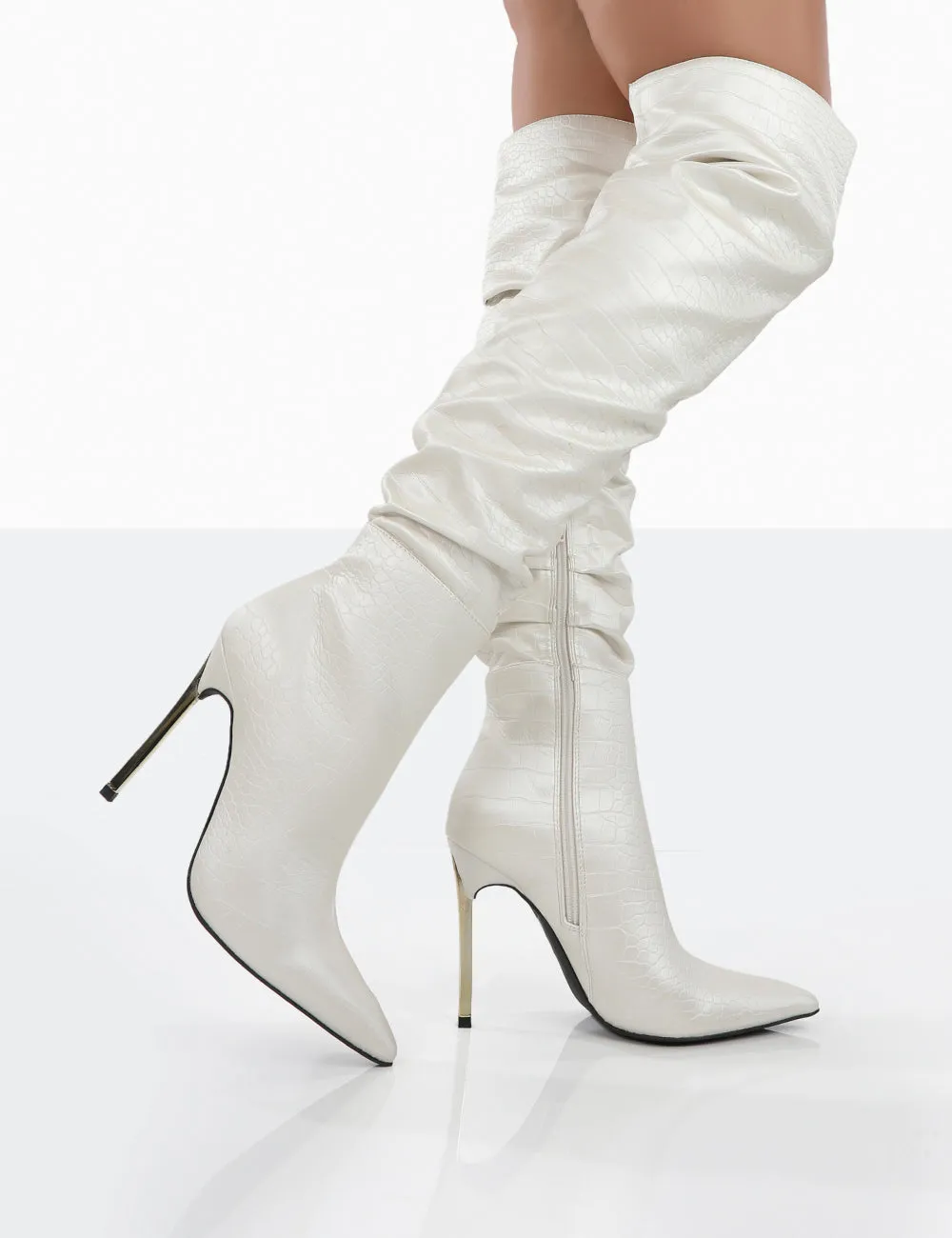 Energy Ecru Croc PU Pointed Toe Over The Knee Heeled Boots sold by Public Desire product image thumbnail 4