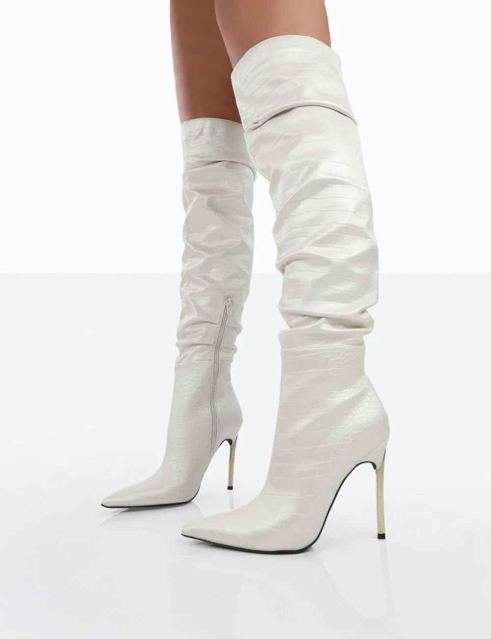 Energy Ecru Croc PU Pointed Toe Over The Knee Heeled Boots sold by Public Desire product image thumbnail 3