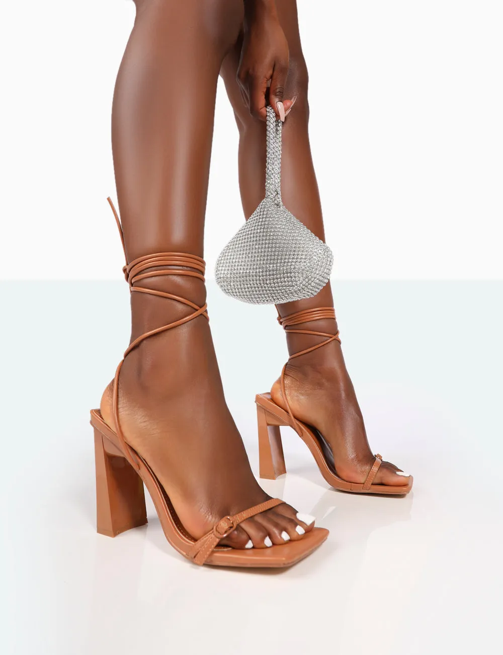 Cleo Caramel Nude Pu Square Toe Strappy Lace Up Block Heels sold by Public Desire