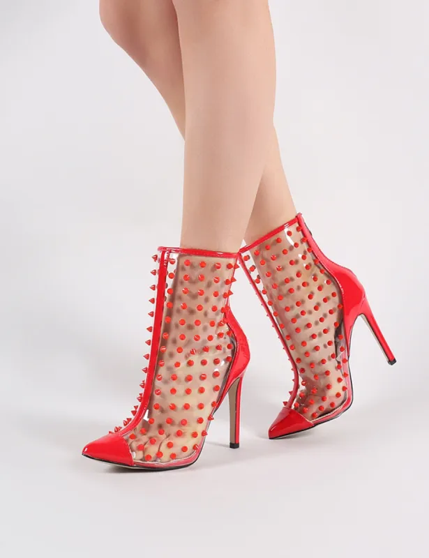 Spikey Pointed Clear Perspex Ankle Boots in Red sold by Public Desire