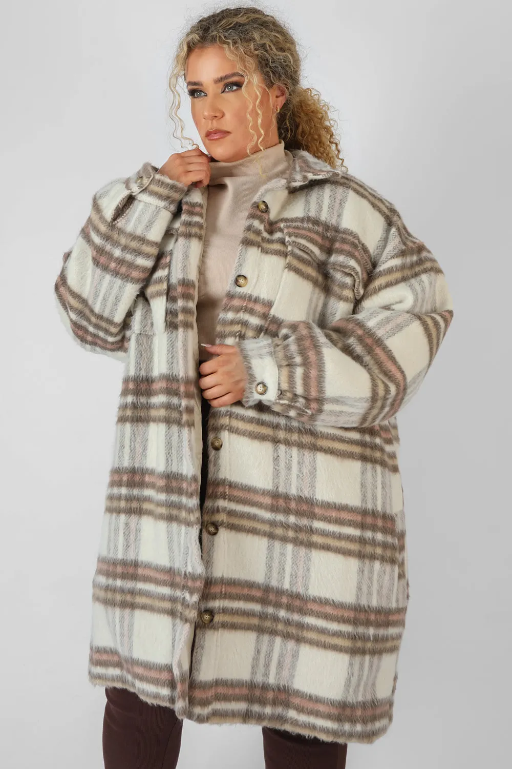 Curve Longline Soft Touch Check Shacket Ecru sold by Public Desire product image thumbnail 4