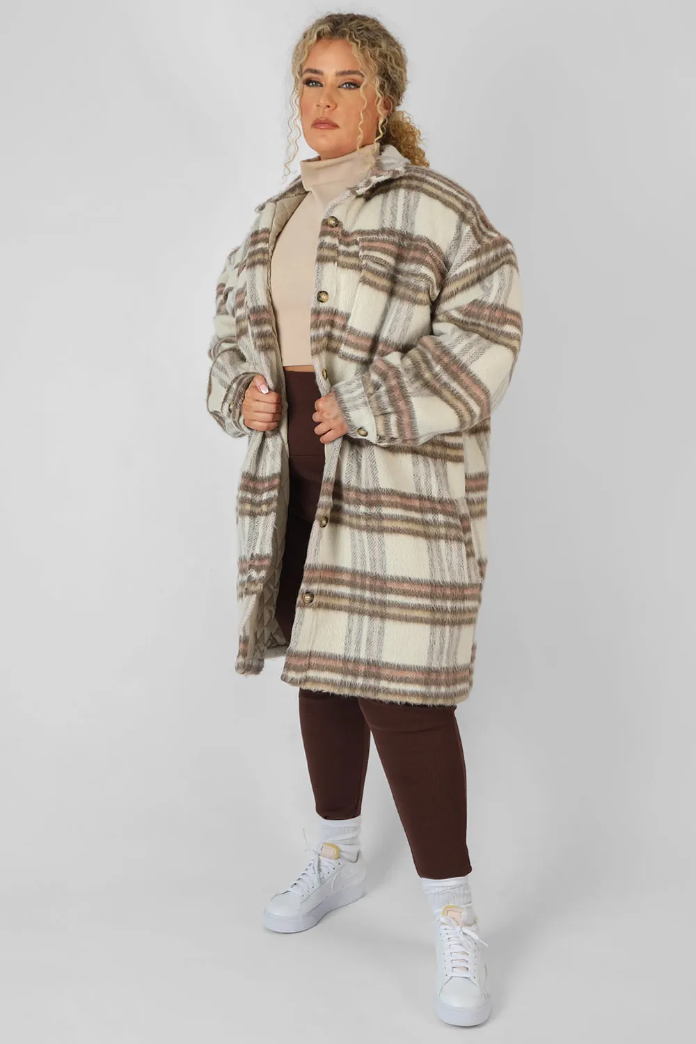 Curve Longline Soft Touch Check Shacket Ecru sold by Public Desire