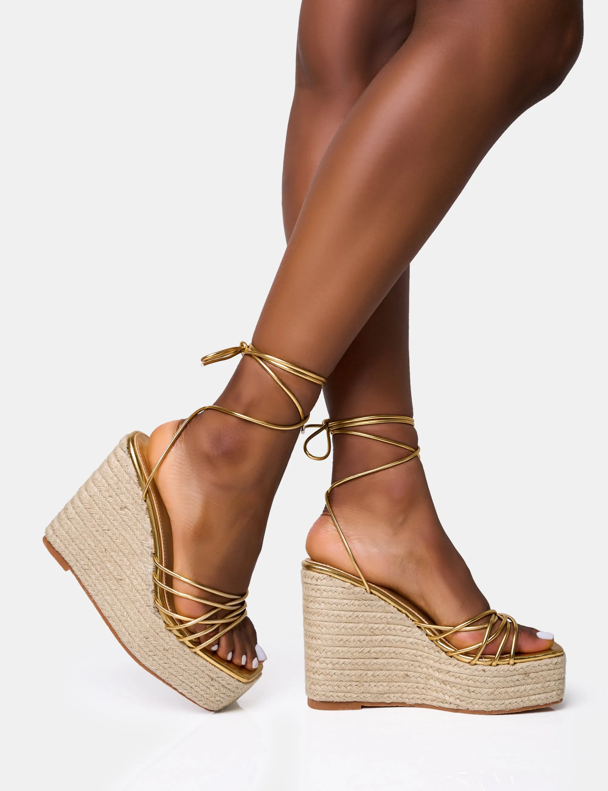 Heated Gold Strappy Lace Up Jute Wedges sold by Public Desire product image thumbnail 2