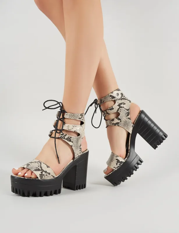 Hailey Lace Up Chunky Heels in Faux Snakeskin sold by Public Desire