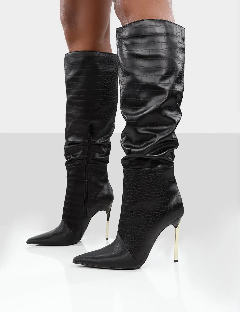 Monica Black Croc Ecru PU Pointed Toe Stiletto Knee High Boots sold by Public Desire product image thumbnail 3