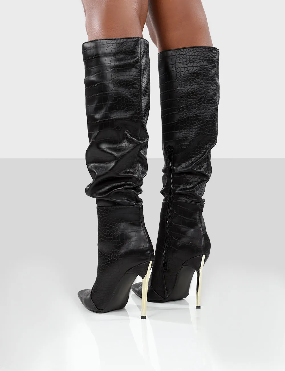 Monica Black Croc Ecru PU Pointed Toe Stiletto Knee High Boots sold by Public Desire product image thumbnail 2