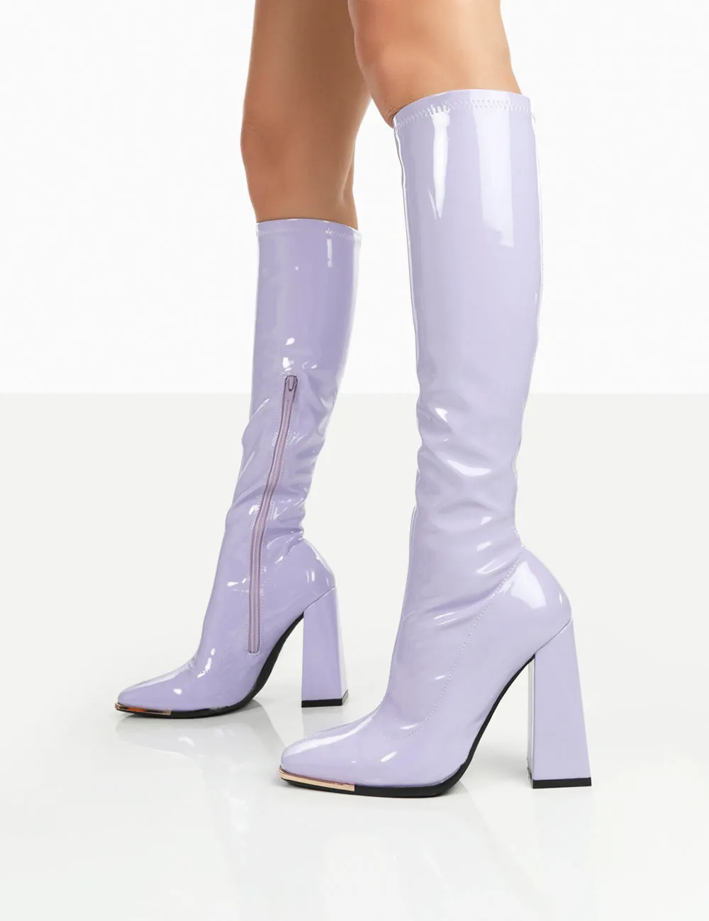 Caryn Lilac Patent Knee High Block Heeled Boots sold by Public Desire product image thumbnail 2