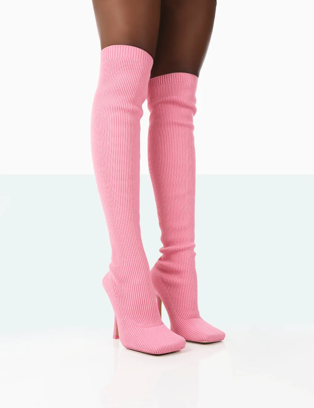 Bubbles Pink Knitted Wide Fit Square Toe Over The Knee Stiletto Boots sold by Public Desire