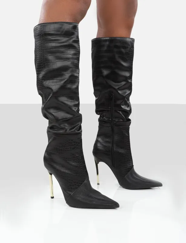 Monica Black Croc Ecru PU Pointed Toe Stiletto Knee High Boots sold by Public Desire