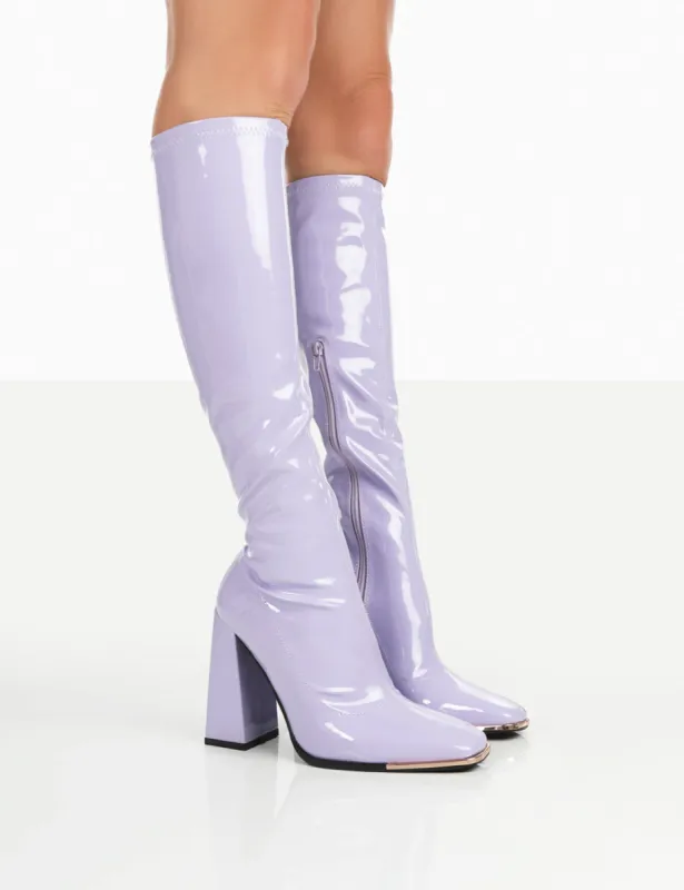 Caryn Lilac Patent Knee High Block Heeled Boots sold by Public Desire