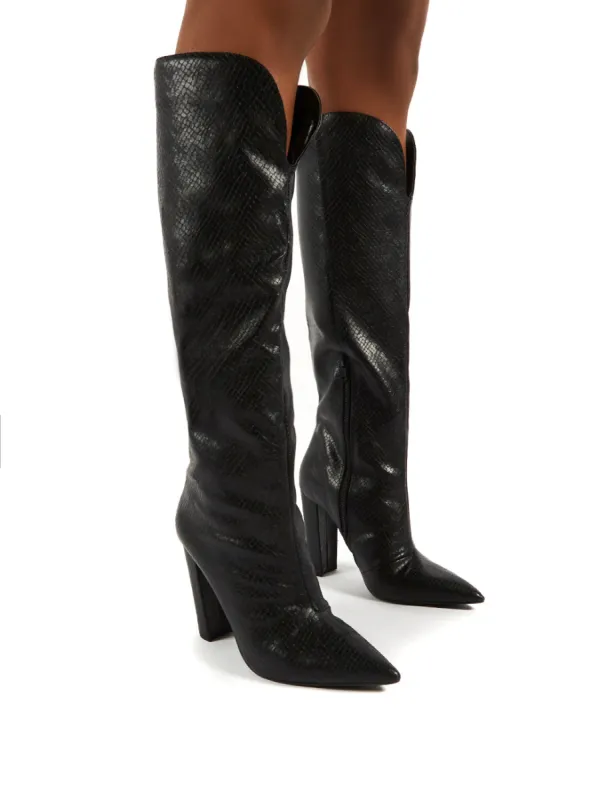 Slow Black Snake Knee High Block Heel Boots sold by Public Desire