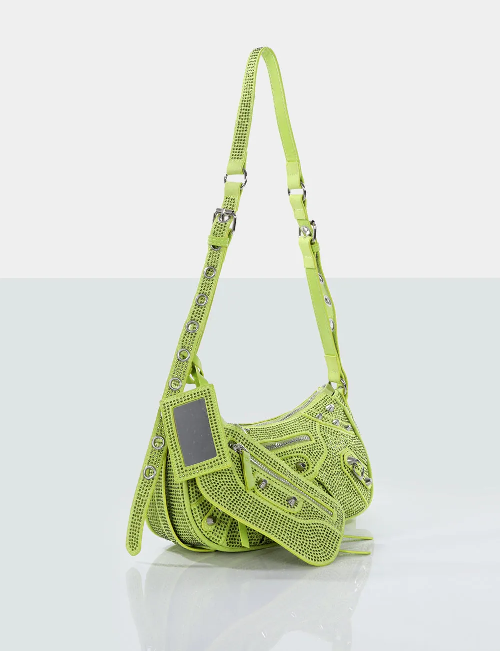 The Trackstar Lime Diamante Studded Mirror Zip Detail Handbag sold by Public Desire product image thumbnail 3