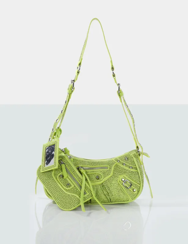 The Trackstar Lime Diamante Studded Mirror Zip Detail Handbag sold by Public Desire