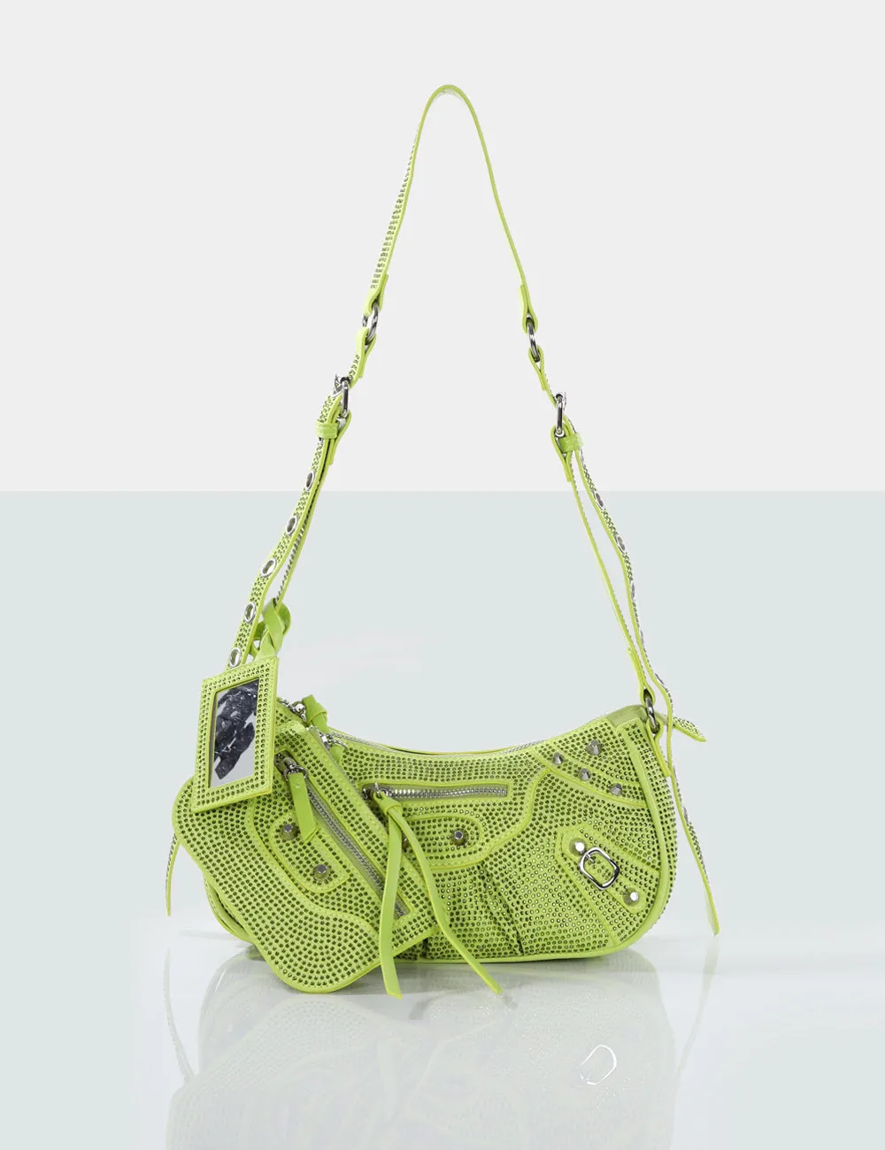 The Trackstar Lime Diamante Studded Mirror Zip Detail Handbag sold by Public Desire