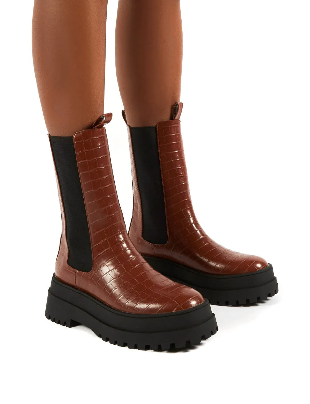 Blame Tan Chunky Sole Calf High Boots sold by Public Desire