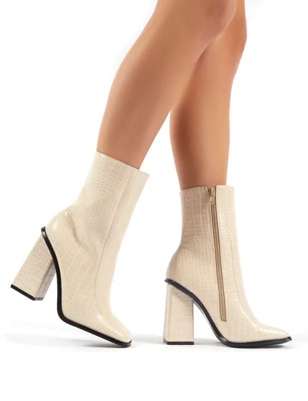 Slick Beige Croc Square Toe Block Heeled Ankle Boots sold by Public Desire