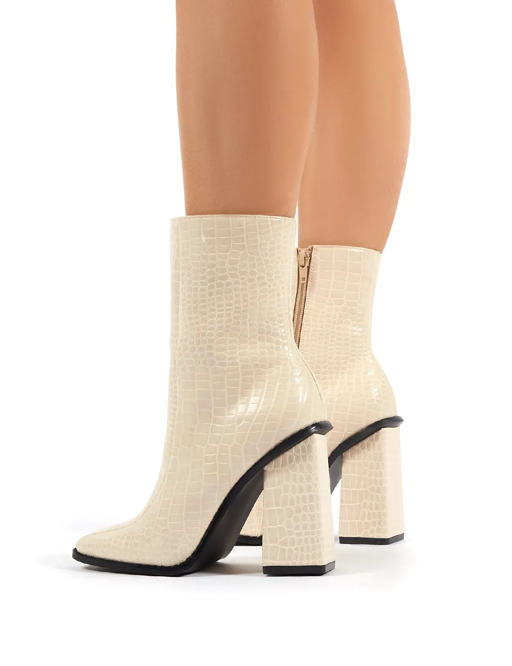Slick Beige Croc Square Toe Block Heeled Ankle Boots sold by Public Desire product image thumbnail 4