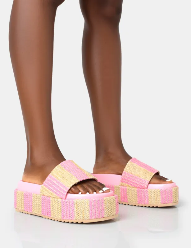 Seashore Pink Stripe Raffia Slider Flatform Sandals sold by Public Desire