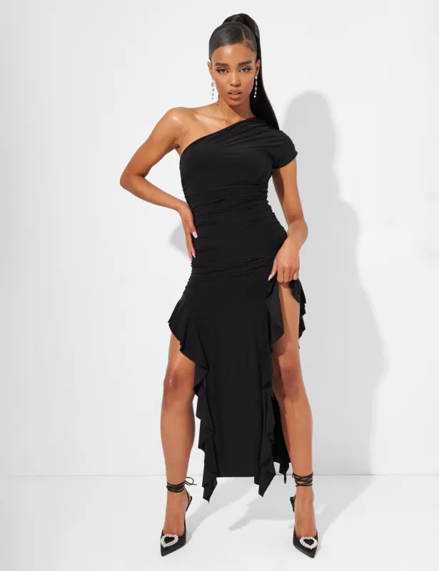 Kaiia Asymmetric Ruched Maxi Dress in Black sold by Public Desire