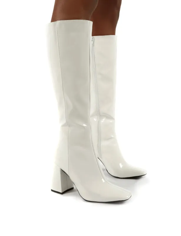 Apology White Patent Knee High Block Heel Boots sold by Public Desire
