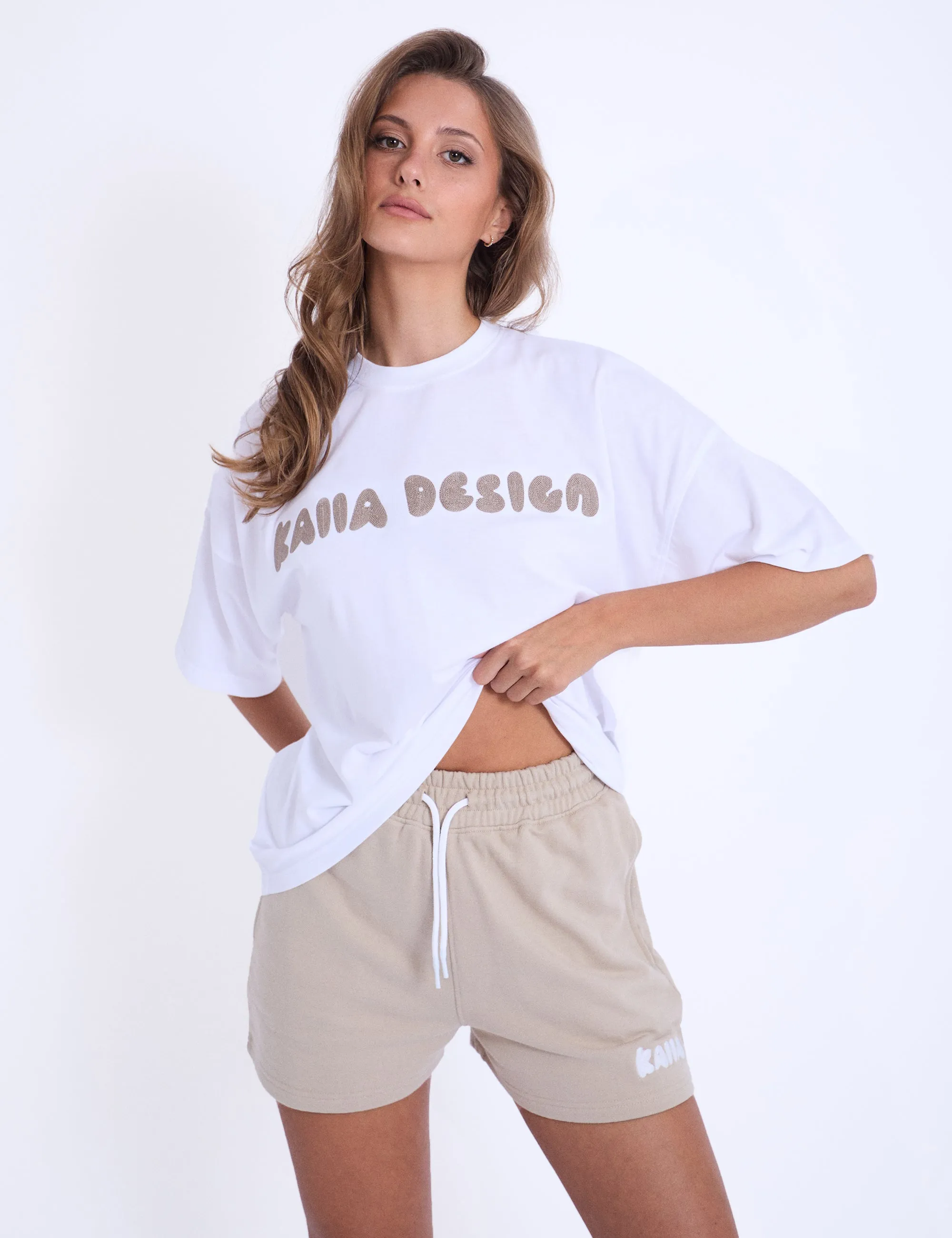 Kaiia Design Embroidered Bubble Oversized T-Shirt White & Light Stone sold by Public Desire