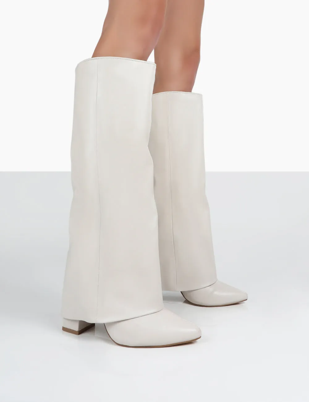 Zendaya Ecru Pointed Toe Knee High Block Boots sold by Public Desire