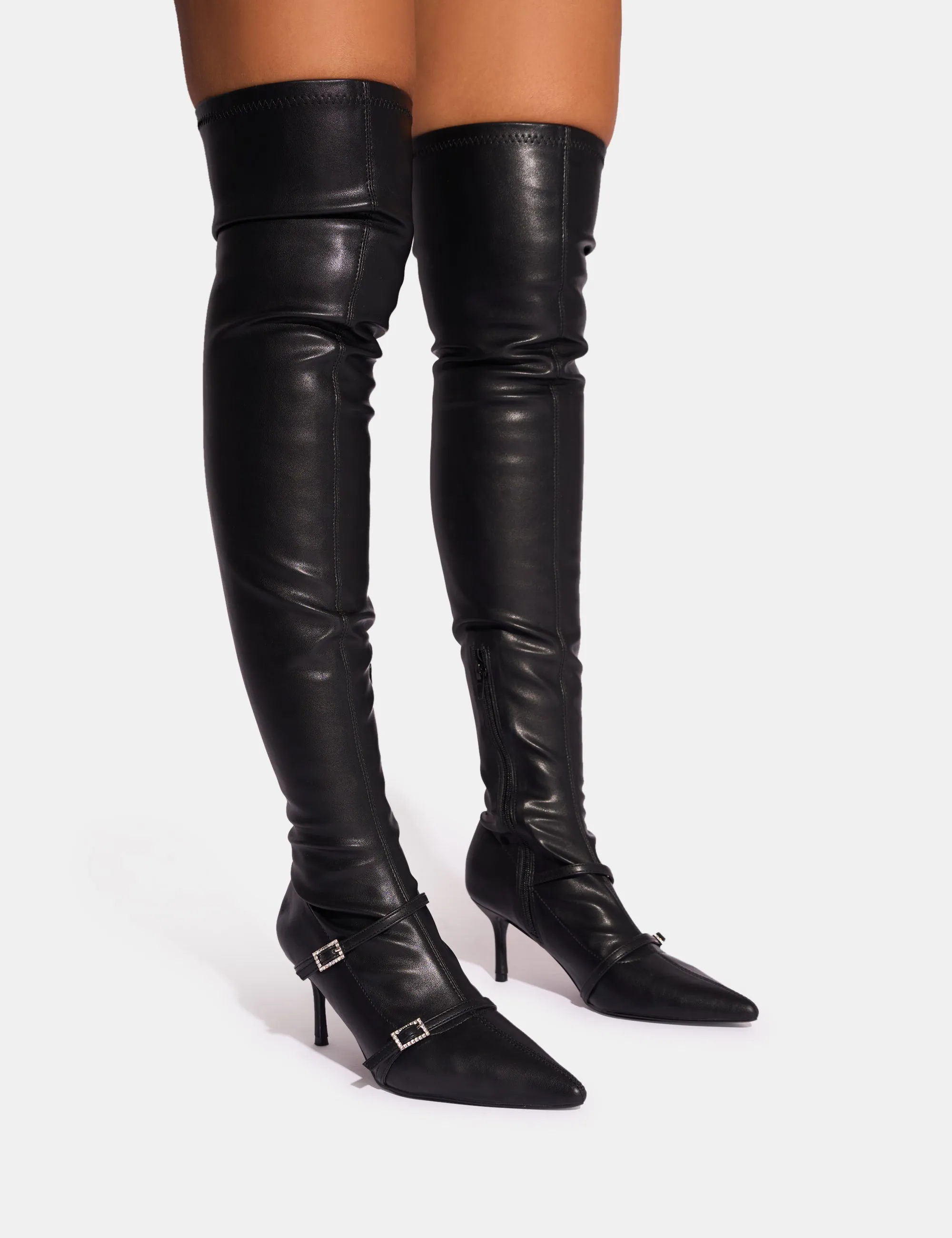 Roulette Black Pointed Toe Diamante Buckle Mid Heel Over The Knee Sock Boots sold by Public Desire