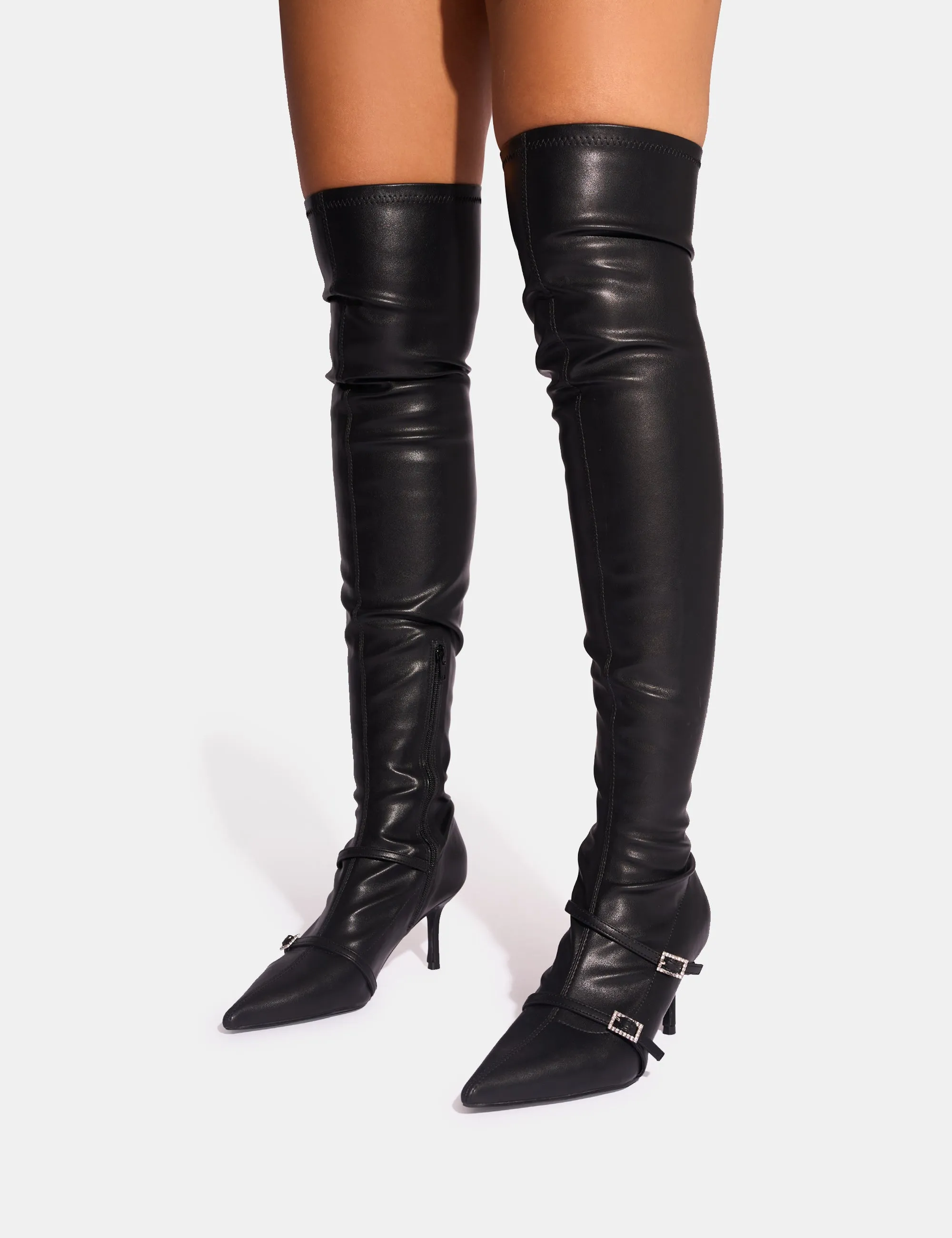 Roulette Black Pointed Toe Diamante Buckle Mid Heel Over The Knee Sock Boots sold by Public Desire product image thumbnail 4
