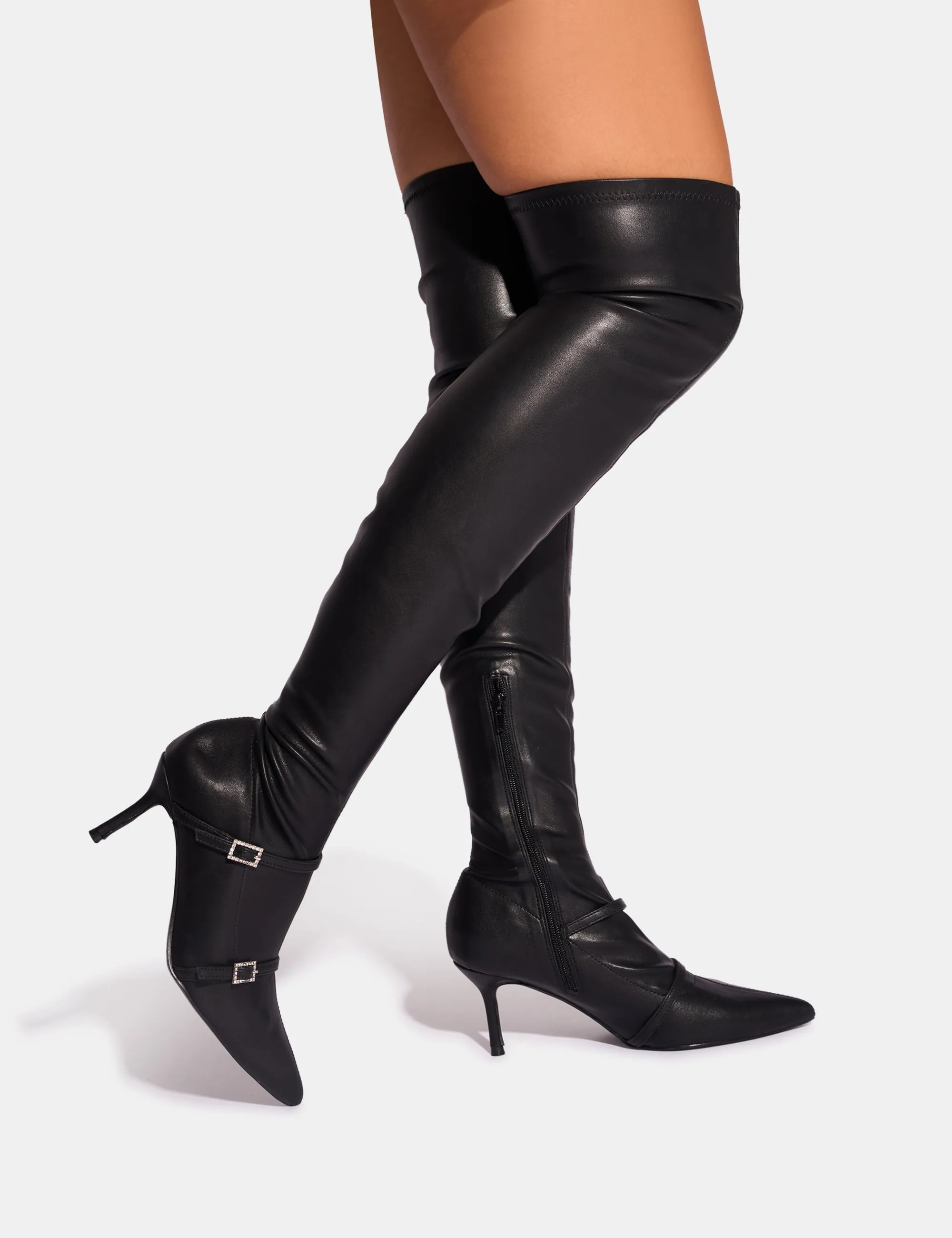 Roulette Black Pointed Toe Diamante Buckle Mid Heel Over The Knee Sock Boots sold by Public Desire product image thumbnail 2