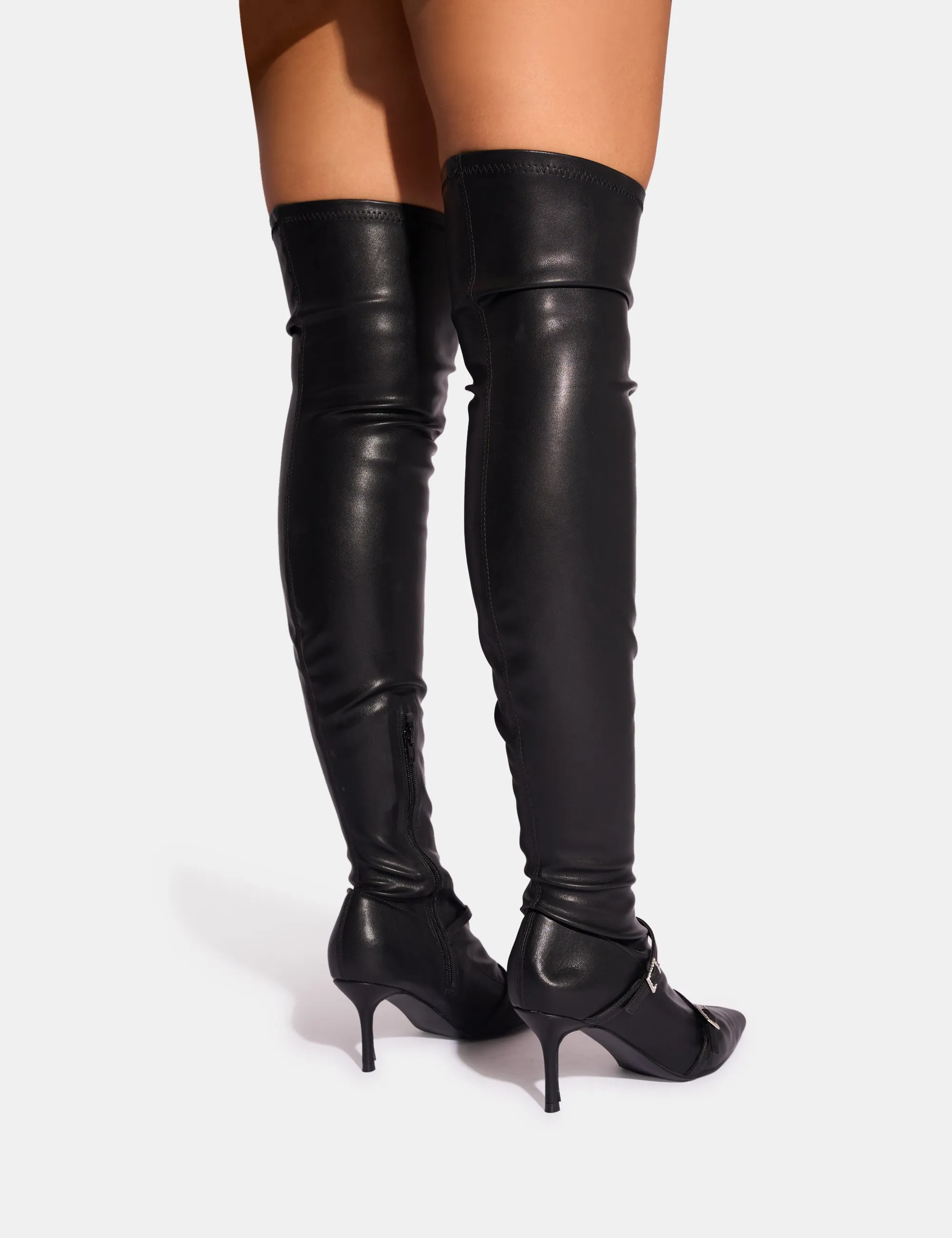 Roulette Black Pointed Toe Diamante Buckle Mid Heel Over The Knee Sock Boots sold by Public Desire product image thumbnail 3
