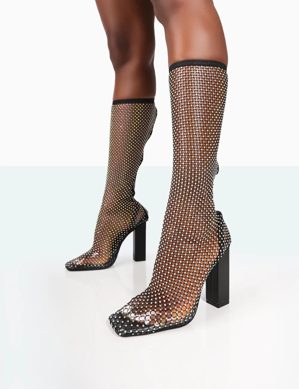 Twinkle Black Sparkly Diamante Fishnet Block Heel Knee High Boots sold by Public Desire product image thumbnail 2