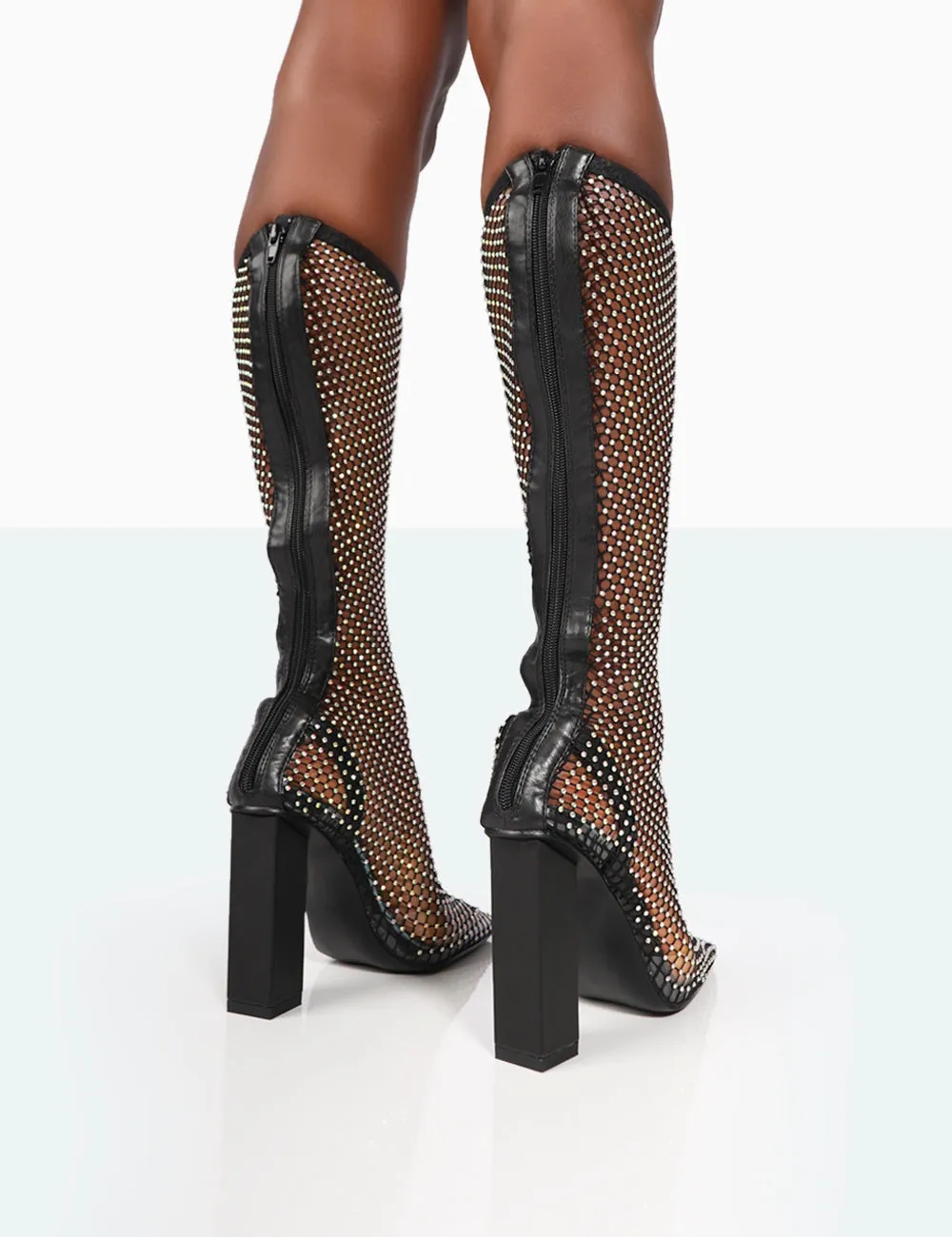 Twinkle Black Sparkly Diamante Fishnet Block Heel Knee High Boots sold by Public Desire product image thumbnail 3