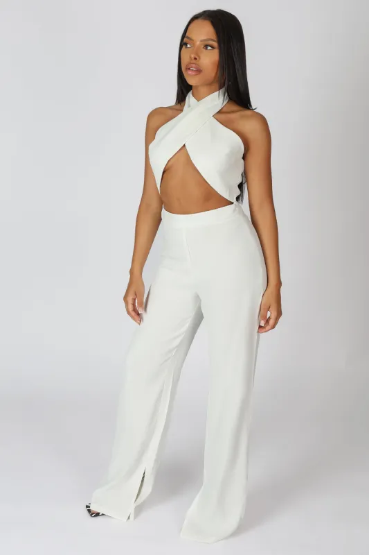 Cross Front Halter Wide Leg Jumpsuit White sold by Public Desire