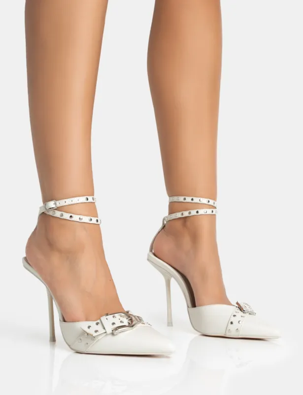 Ozella Light Grey Pu Studded Buckle Wrap Around Court Stiletto Heel sold by Public Desire