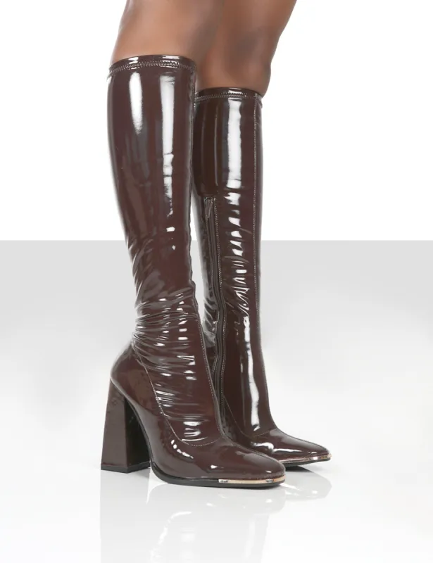 Caryn Chocolate Patent Knee High Heeled Boots sold by Public Desire