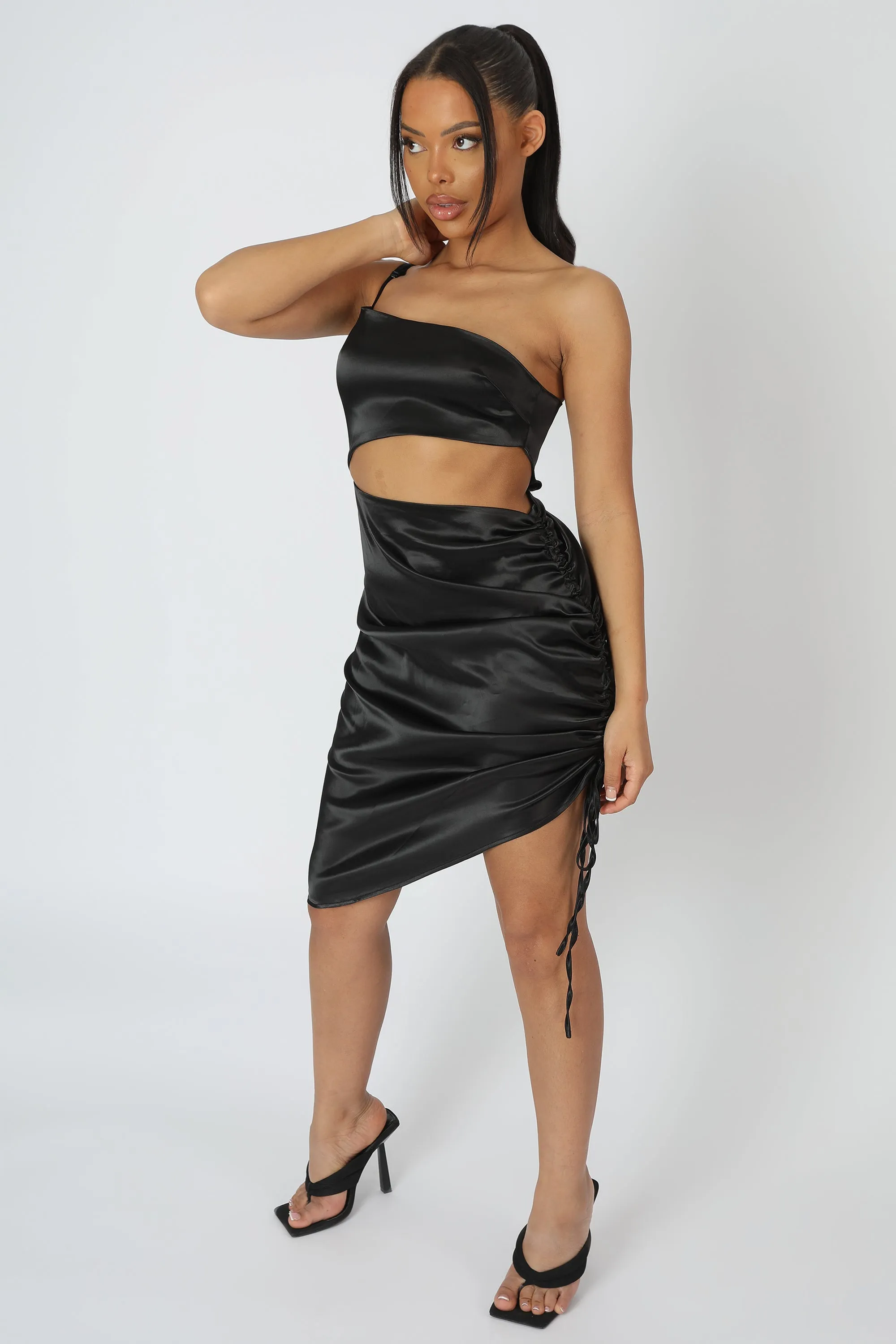 Asymmetric Cut Out Ruched Satin Midi Dress Black sold by Public Desire product image thumbnail 3